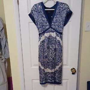 E C I sz 14 Silk, Asian Flare, Navy and Cream Midi Dress. Luxury, Wedding Guest.
